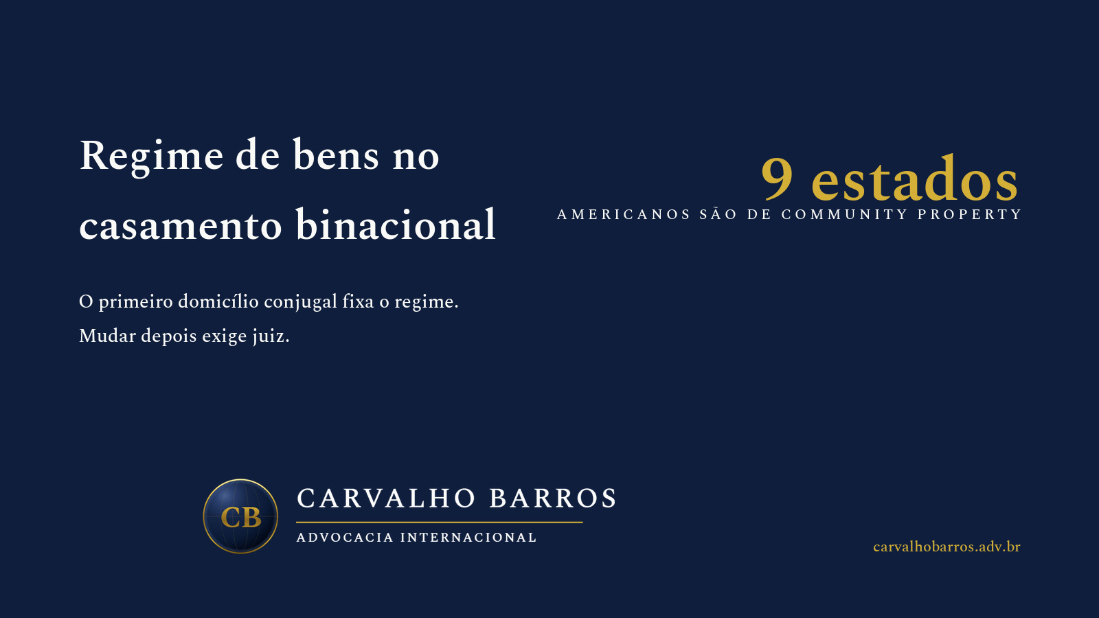 Regime de bens no casamento binacional: pelo artigo 7, parágrafo 4, da Lei de Introdução às Normas do Direito Brasileiro, o regime de bens, legal ou convencional, obedece à lei do país em que os nubentes tinham domicílio e, se os domicílios eram diversos, à lei do primeiro domicílio conjugal — uma definição que acontece uma única vez, na formação do casamento, e que o Superior Tribunal de Justiça aplicou no REsp 134.246 de São Paulo, julgado em 20 de abril de 2004, reconhecendo comunhão universal a casamento celebrado em Nevada em 1975 com primeiro domicílio conjugal no Brasil, porque esse era o regime legal do Código Civil de 1916 antes da Lei 6.515 de 1977; o planejamento antes do casamento passa pelo pacto antenupcial por escritura pública dos artigos 1.653 a 1.657 do Código Civil, registrado no Registro de Imóveis do domicílio dos cônjuges para valer contra terceiros, e, para quem casa depois dos 70 anos, pela separação obrigatória do artigo 1.641, inciso II, que o Supremo Tribunal Federal, no Tema 1.236, permitiu afastar por expressa manifestação de vontade das partes mediante escritura pública; o conserto depois do casamento passa pela averbação da Resolução CNJ 583 de 2024, que indica o país cuja legislação se aplica e adota o nomen juris de origem do regime estrangeiro, comprovado por uma de quatro vias que incluem a certificação de dois advogados do país da lei aplicável prevista no artigo 409 do Código Bustamante, e pela alteração de regime, que continua judicial, mediante pedido motivado de ambos os cônjuges pelo artigo 1.639, parágrafo 2, do Código Civil, no procedimento do artigo 734 do Código de Processo Civil.