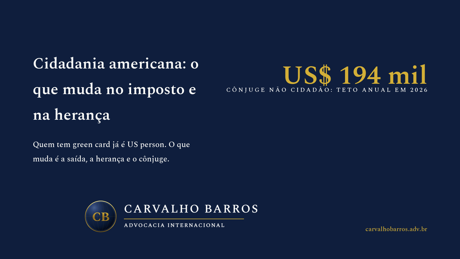 Capa do artigo, em cartão tipográfico: o título “Cidadania americana: o que muda no imposto e na herança”, o subtítulo “Quem tem green card já é US person. O que muda é a saída, a herança e o cônjuge” e o destaque “US$ 194 mil — cônjuge não cidadão: teto anual em 2026”.