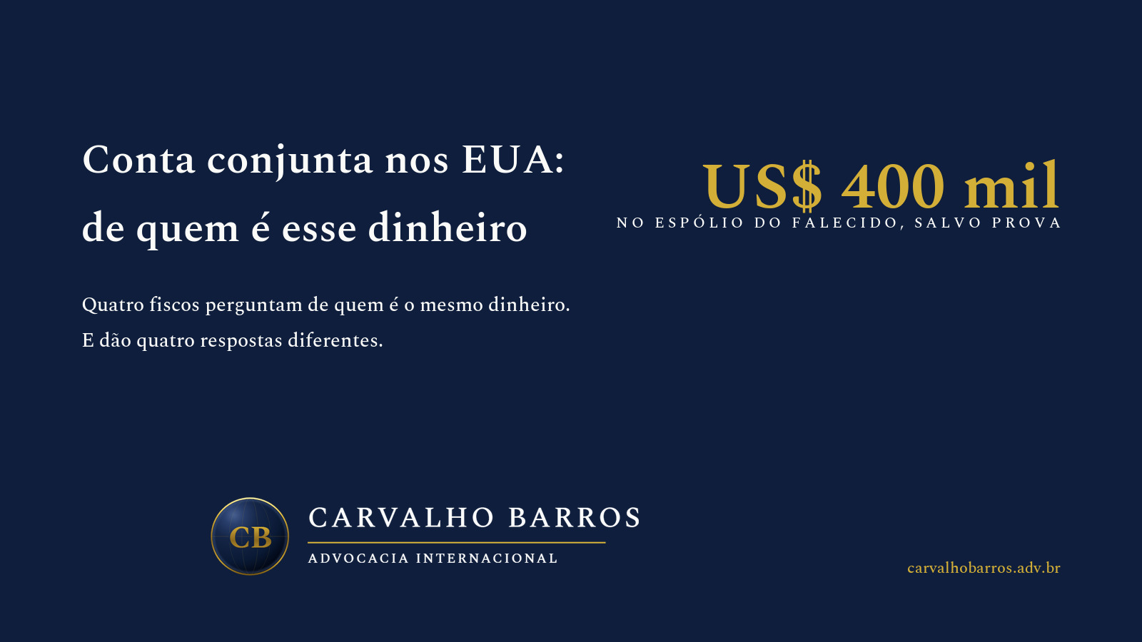 Capa do artigo, em cartão tipográfico: o título “Conta conjunta nos EUA: quem é o dono no FBAR e na herança”, o subtítulo “Quatro fiscos perguntam de quem é o mesmo dinheiro. E dão quatro respostas diferentes.” e o destaque “US$ 400 mil — no espólio do falecido, salvo prova”.
