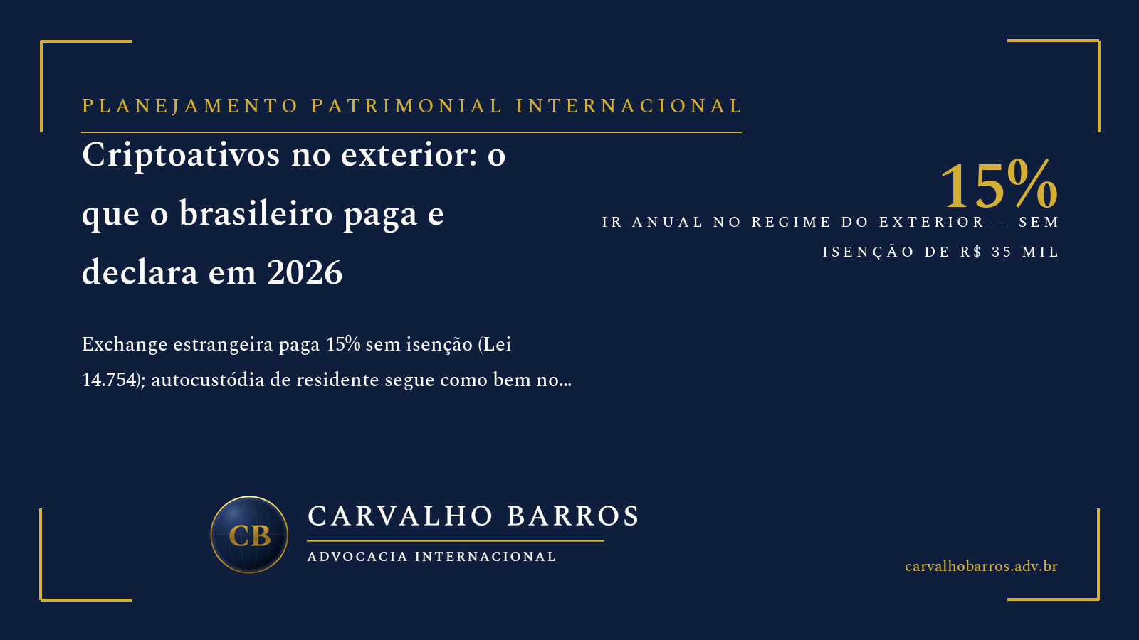 Criptoativos no exterior: exchange estrangeira tributada a 15% anuais pela Lei 14.754 sem isenção de R$ 35 mil, autocustódia de residente tratada como bem no Brasil, MP 1.303 caducada, DeCripto (IN RFB 2.291/2025), DARF 1897 e CBE do Banco Central