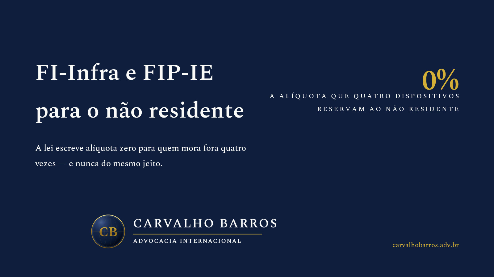 Os papéis incentivados de infraestrutura no imposto de renda do brasileiro não residente em 2026: quatro dispositivos legais reduzem a zero a alíquota do beneficiário residente ou domiciliado no exterior, com exceções que não coincidem — o art. 1º da Lei 12.431/2011 para a debênture incentivada, o CRI e o FIDC comprados direto; o art. 3º, § 1º, inciso I, alínea a, da mesma lei para o FI-Infra, cuja denominação legal Fundo Incentivado de Investimento em Infraestrutura está no art. 1º da Lei 14.801/2024; o art. 2º, § 1º, inciso IV, da Lei 11.478/2007, incluído pelo art. 95 da Lei 13.043/2014, para o ganho na alienação de cotas de FIP-IE; e o art. 3º da Lei 11.312/2006, cujos §§ 1º e 2º o art. 15 da Lei 14.711/2023 revogou ao mesmo tempo em que criou o § 6º, excluindo quem reside em jurisdição de tributação favorecida, e o § 7º, exigindo fundo qualificado como entidade de investimento segundo o Conselho Monetário Nacional. A debênture de infraestrutura da Lei 14.801/2024 fica fora: o art. 3º, § 2º, afasta a alíquota zero e o § 3º fixa 15%, ou 25% em país com tributação favorecida ou sob regime fiscal privilegiado dos arts. 24 e 24-A da Lei 9.430/1996. A lista de jurisdições está na IN RFB 1.037/2010, de que Cingapura saiu em 2017 pela IN 1.773 e os Emirados Árabes Unidos em 2025 pela IN 2.265