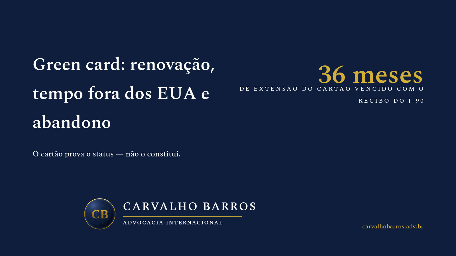 Capa do artigo: um cartão de residente permanente dos Estados Unidos — o green card — sobre um passaporte, ao lado de um calendário e de um cartão de embarque, compondo o tema da renovação do cartão, do tempo de ausência dos Estados Unidos e da permissão de reentrada.