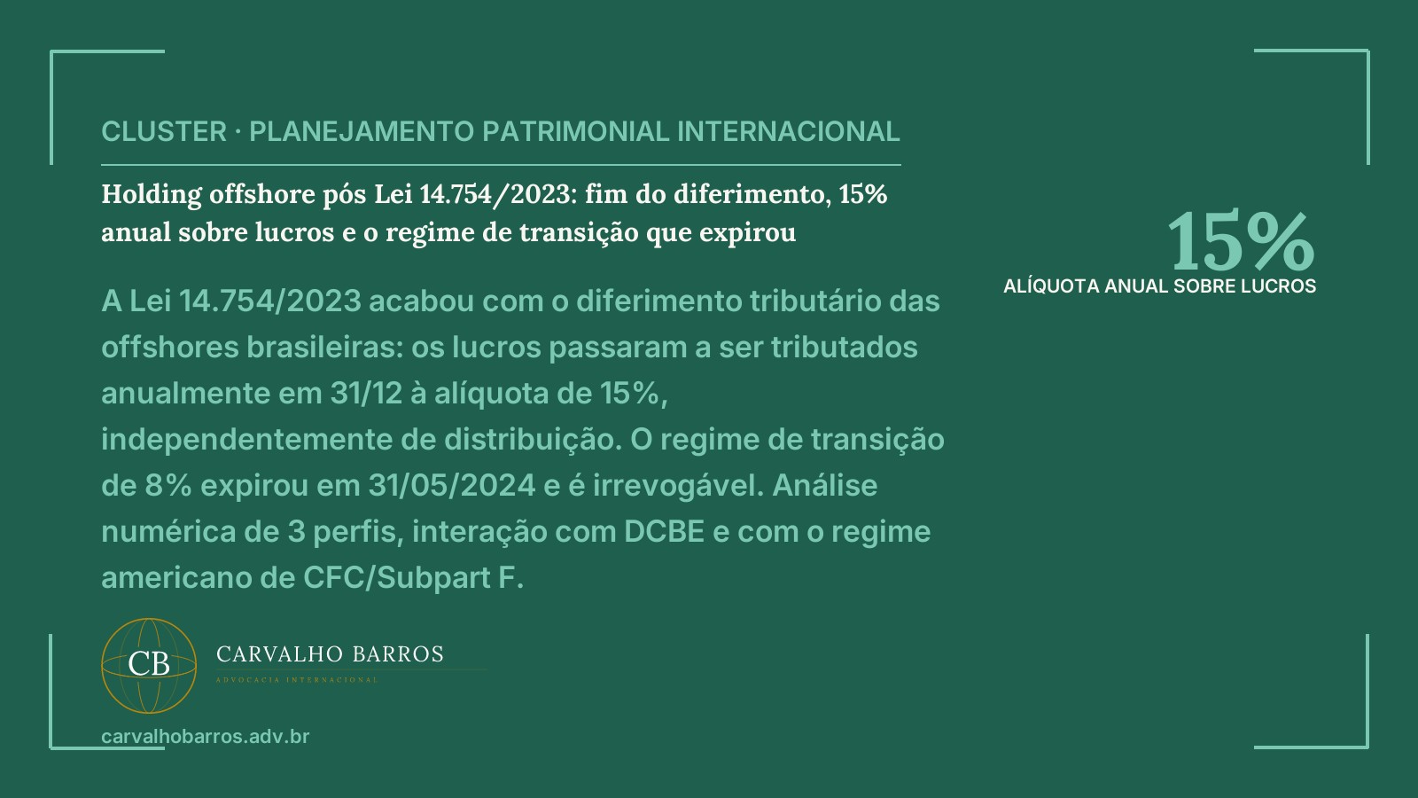 Holding offshore pós Lei 14.754/2023 — tributação anual de lucros em 31/12 a 15% e fim do diferimento para brasileiros com entidades controladas no exterior