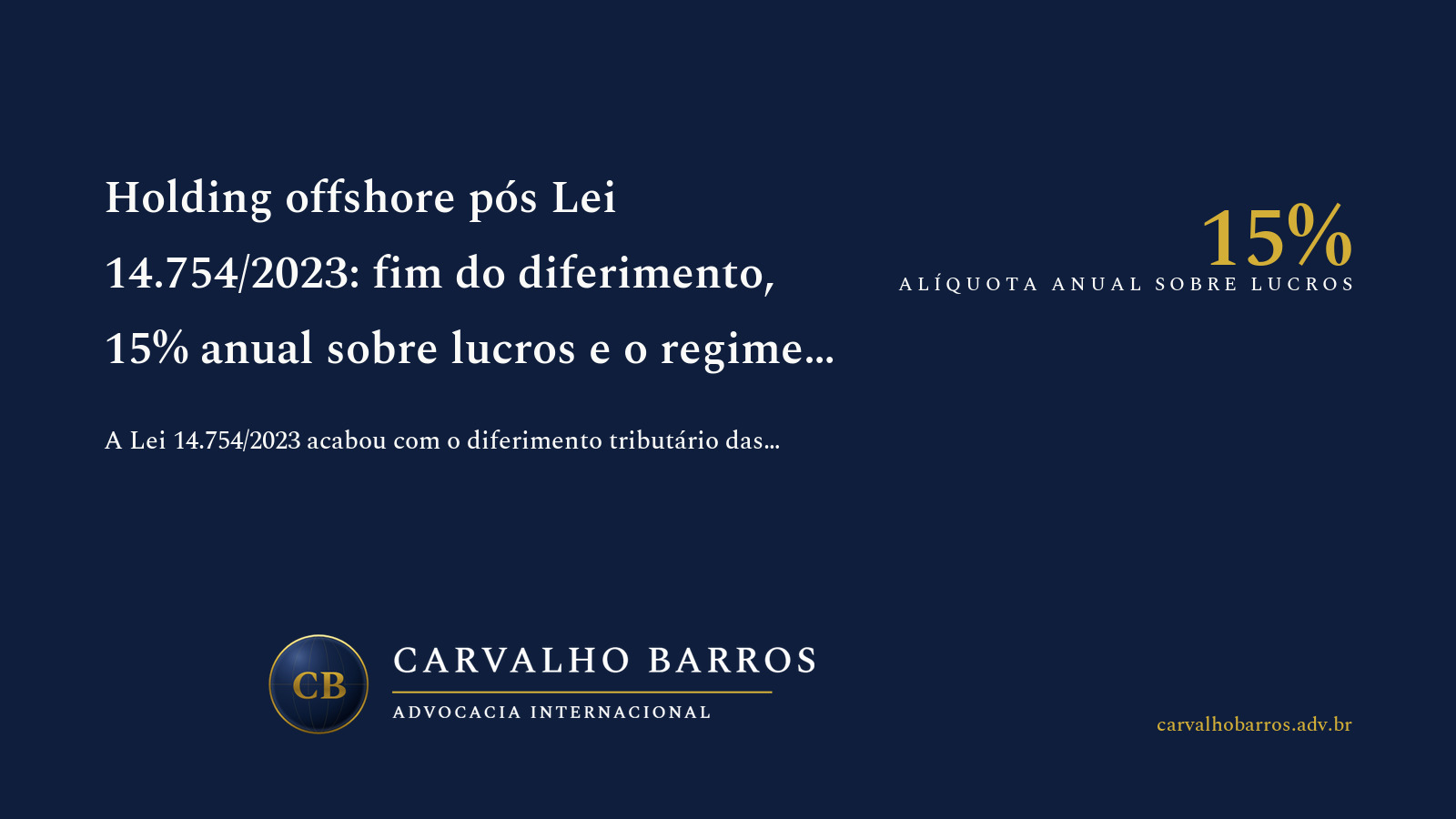 Capa do artigo, em cartão tipográfico: o título “Holding offshore pós Lei 14.754/2023: fim do diferimento, 15% anual sobre lucros e o regime de transição que expirou”, o subtítulo “A Lei 14.754/2023 acabou com o diferimento tributário das offshores brasileiras: os lucros passaram a ser tributados anualmente em 31/12 à alíquota de 15%, independentemente de distribuição. O regime de transição de 8% expirou em 31/05/2024 e é irrevogável. Análise numérica de 3 perfis, interação com DCBE e com o regime americano de CFC/Subpart F.” e o destaque “15% — Alíquota anual sobre lucros”.