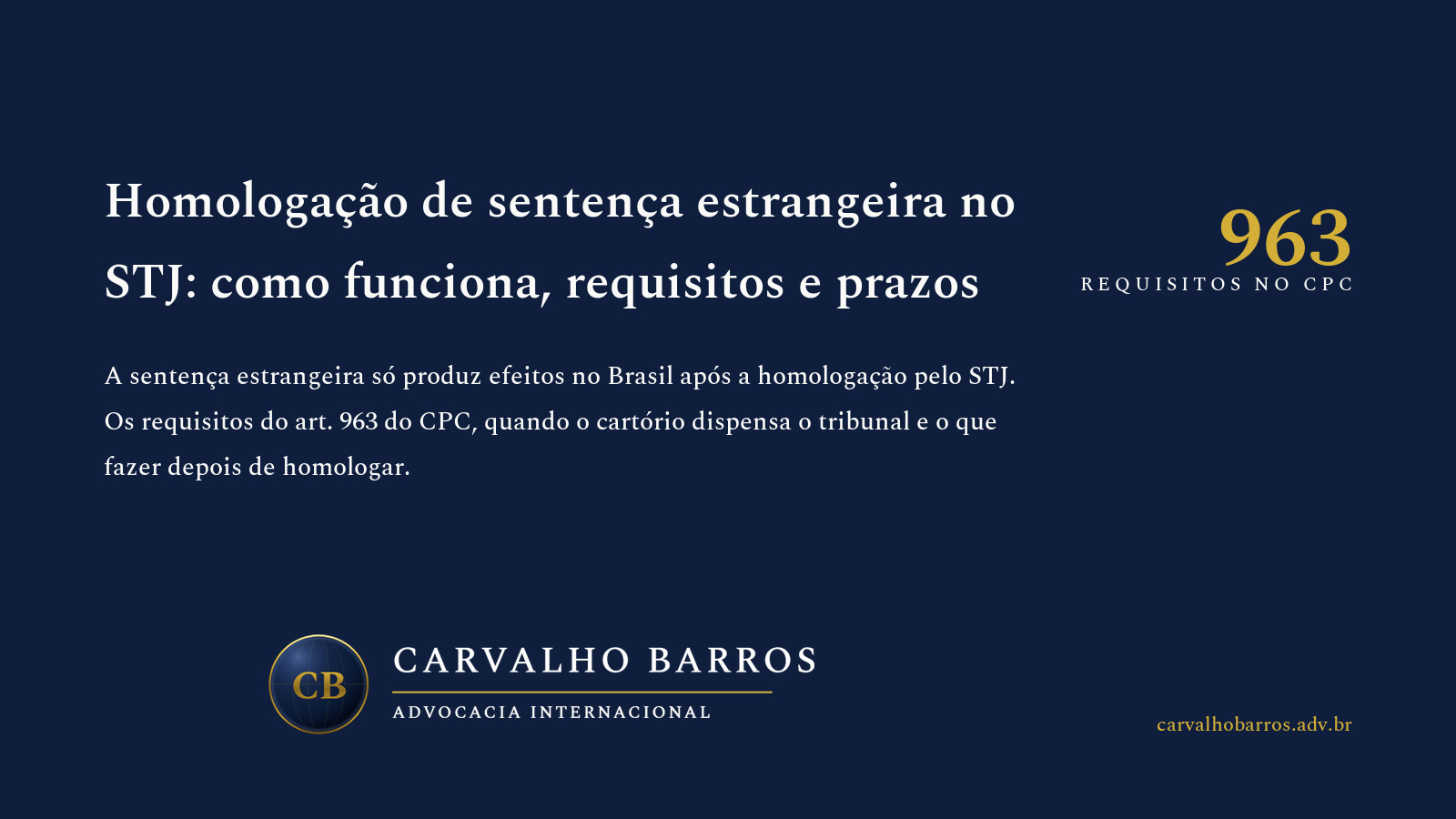 Capa do artigo, em cartão tipográfico: o título “Homologação de sentença estrangeira no STJ: como funciona, requisitos e prazos”, o subtítulo “A sentença estrangeira só produz efeitos no Brasil após a homologação pelo STJ. Os requisitos do art. 963 do CPC, quando o cartório dispensa o tribunal e o que fazer depois de homologar.” e o destaque “963 — Requisitos no CPC”.