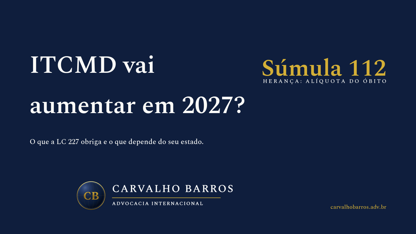 Capa do artigo, em cartão tipográfico: o título “ITCMD vai aumentar em 2027?”, o subtítulo “O que a LC 227 obriga e o que depende do seu estado.” e o destaque “Súmula 112 — herança: alíquota do óbito”.