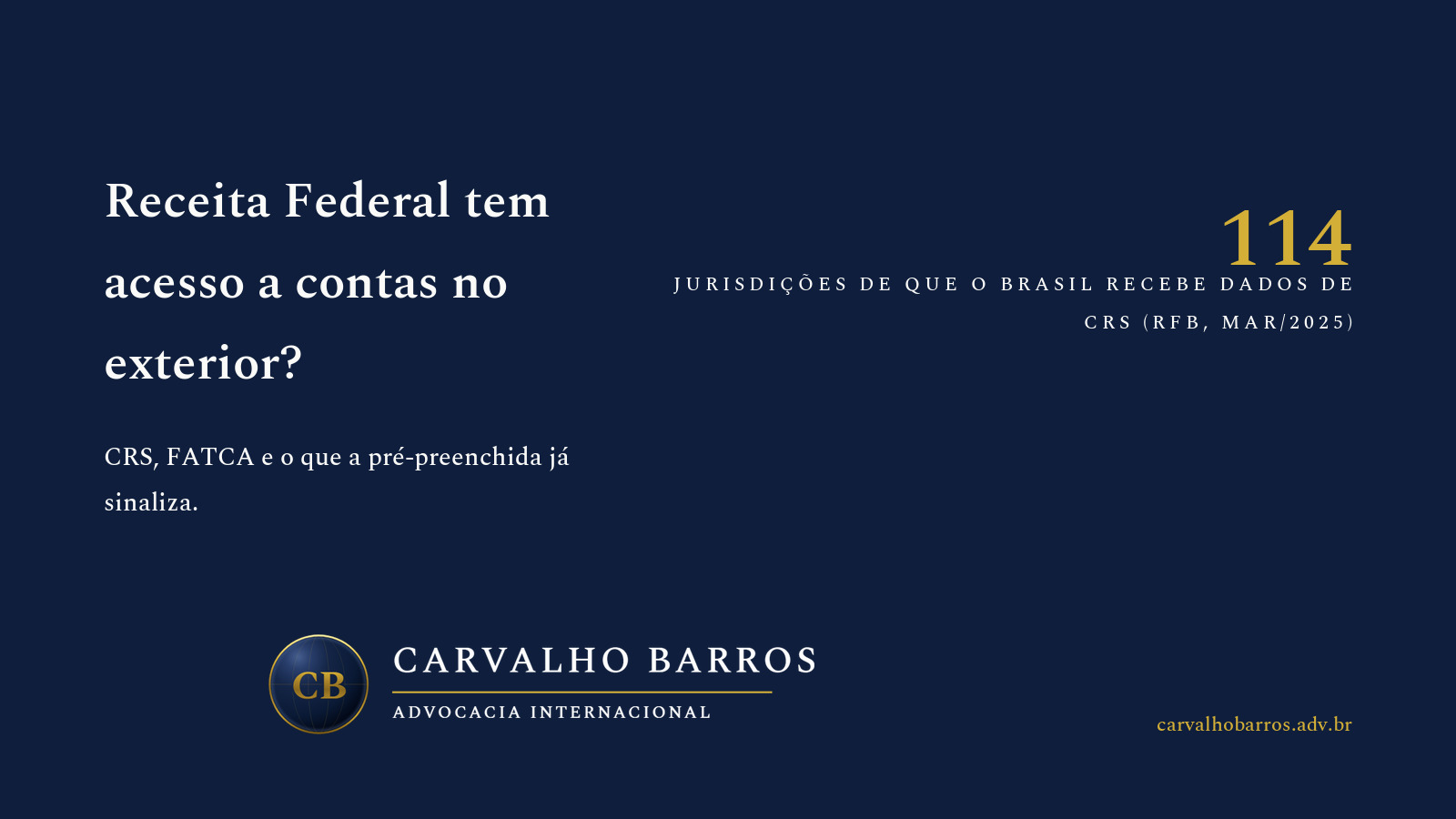 Capa do artigo, em cartão tipográfico: o título “Receita Federal tem acesso a contas no exterior?”, o subtítulo “CRS, FATCA e o que a pré-preenchida já sinaliza.” e o destaque “114 — jurisdições de que o Brasil recebe dados de CRS (RFB, mar/2025)”.