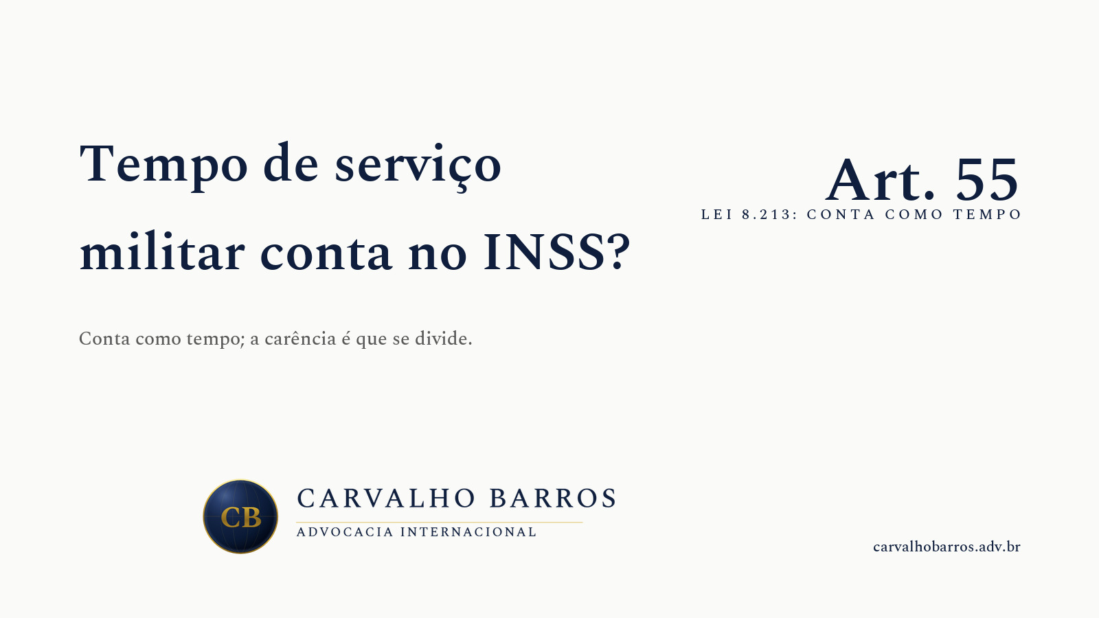 Capa do artigo, em cartão tipográfico: o título “Tempo de serviço militar conta no INSS?”, o subtítulo “Conta como tempo; a carência é que se divide.” e o destaque “Art. 55 — Lei 8.213: conta como tempo”.