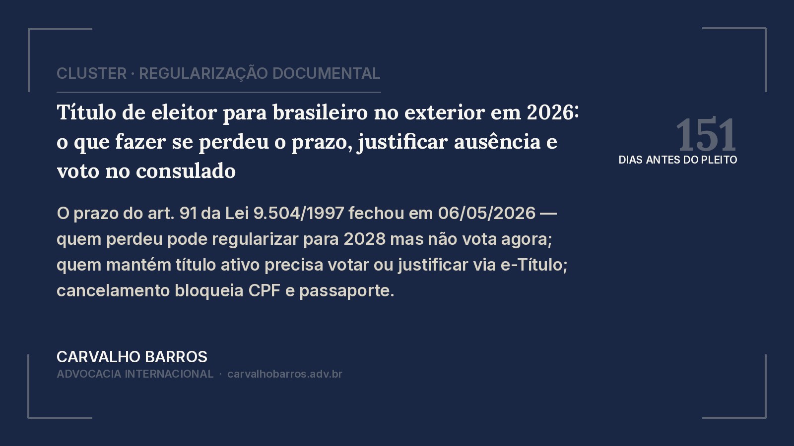 Titulo de eleitor para brasileiro no exterior em 2026 — voto facultativo, justificativa e regularizacao apos o prazo